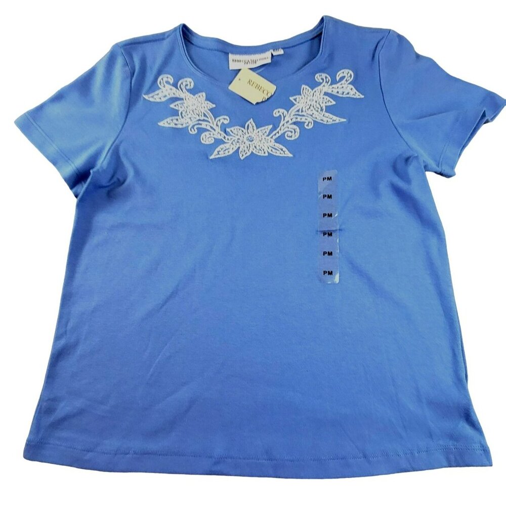 Rebecca Malone Women's Blue Top Decorative Detail size Petite Medium NWT  JH1463